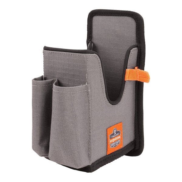 A grey and orange Ergodyne Squids gun grip holster with two compartments.