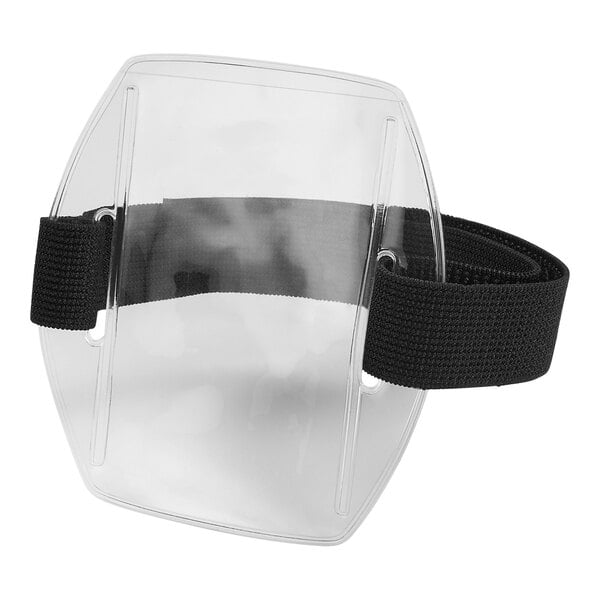 An Ergodyne Squids clear plastic arm band with black straps.