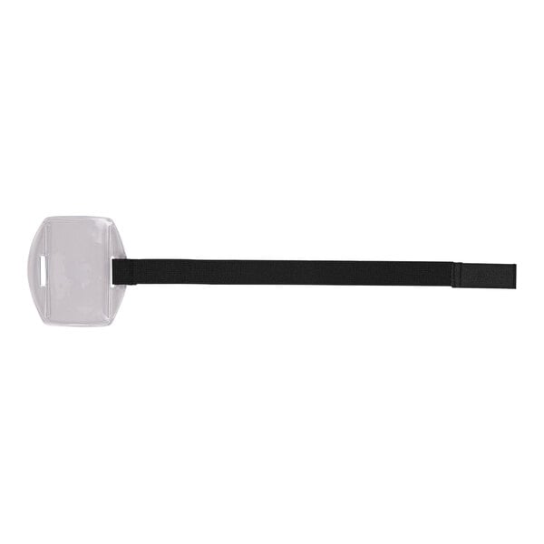 A black vinyl arm band with a black strap and clear plastic tag.