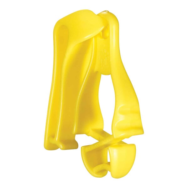 A yellow plastic clip with a belt clip on a white background.