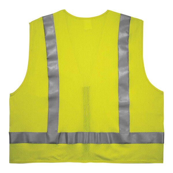 A lime green Ergodyne GloWear surveyors vest with reflective stripes.