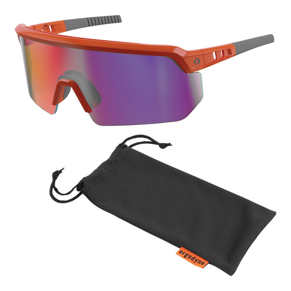 Ergodyne Skullerz AEGIR safety glasses with orange frames and purple mirrored lenses in a black pouch with a string.