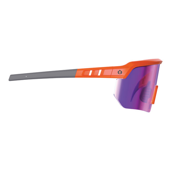 Ergodyne Skullerz AEGIR safety glasses with an orange frame and purple mirrored lenses on a white background.