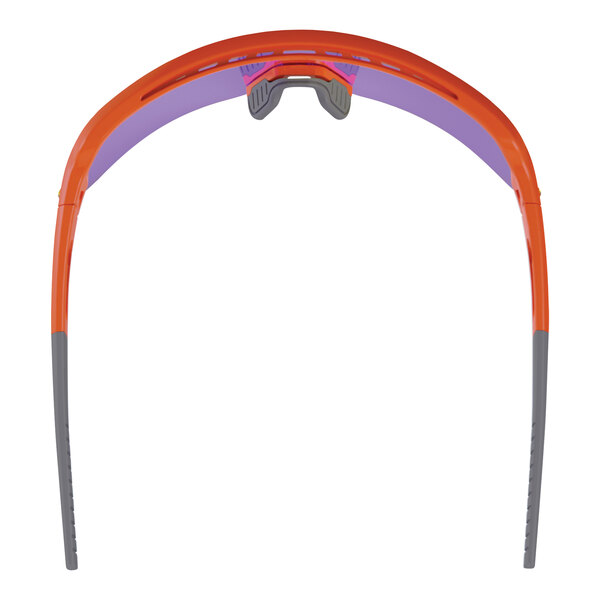 A pair of orange Ergodyne Skullerz safety glasses with purple mirrored lenses.