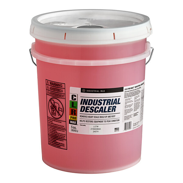 A white CLR Pro Max industrial descaler bucket filled with pink liquid.