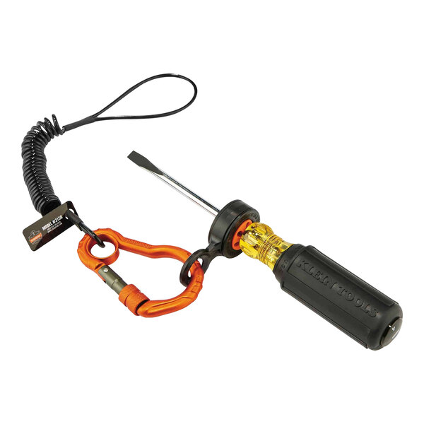 An Ergodyne Squids tool lanyard with a screwdriver attached to a carabiner.