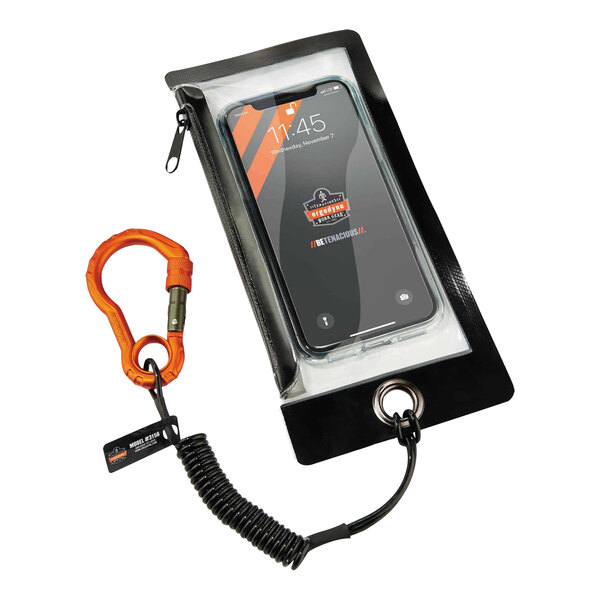 A cell phone in a plastic case with an Ergodyne Squids coiled tool lanyard attached to it.