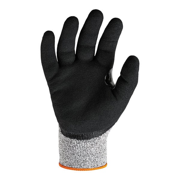 A pair of gray Ergodyne ProFlex warehouse gloves with a sandy nitrile palm coating and a white strip.