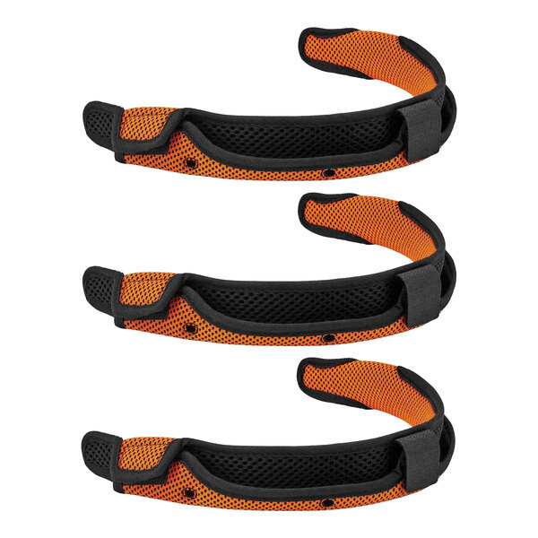 A 3 pack of orange and black sweatbands with black straps.