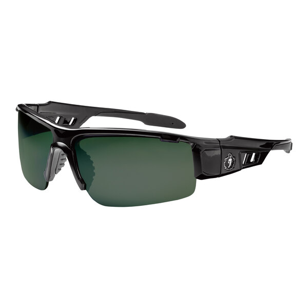 Ergodyne Skullerz DAGR safety glasses with black frame and polarized green lenses.