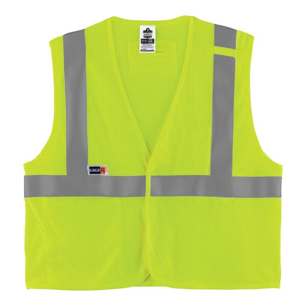 An Ergodyne GloWear lime green mesh vest with yellow and silver reflective stripes.