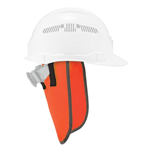 An Ergodyne hi-vis orange hard hat neck shade with reflective trim on a white hard hat.