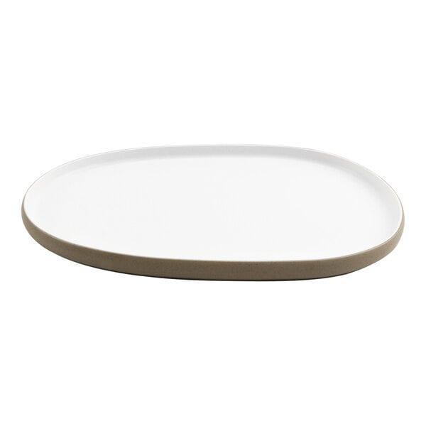 A white oval tray with a brown rim.