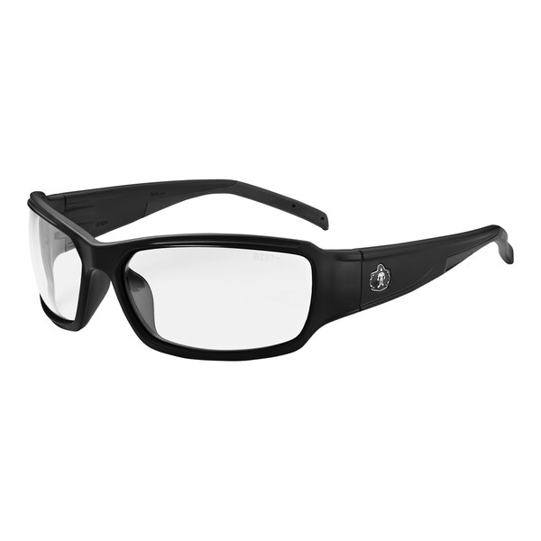 A pair of black Ergodyne Skullerz safety glasses with clear lenses.