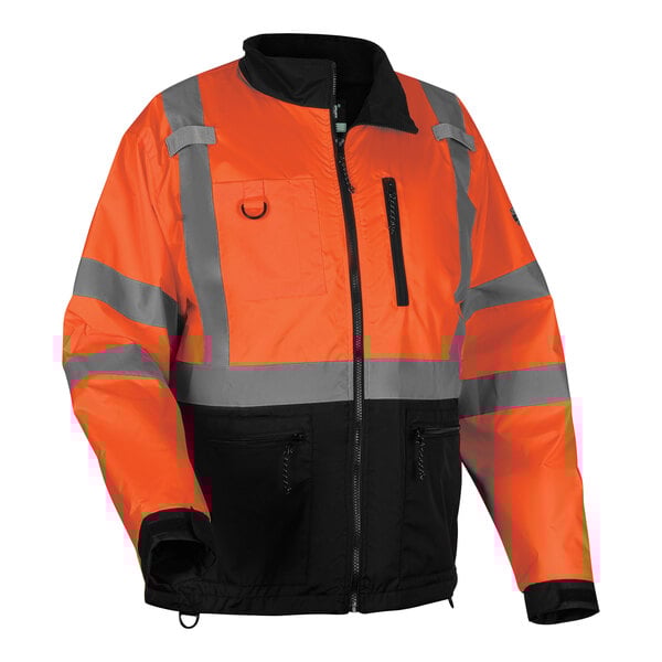 An Ergodyne hi-vis orange and black windbreaker jacket with reflective stripes.