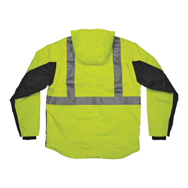 A yellow jacket with reflective stripes and a black front panel.