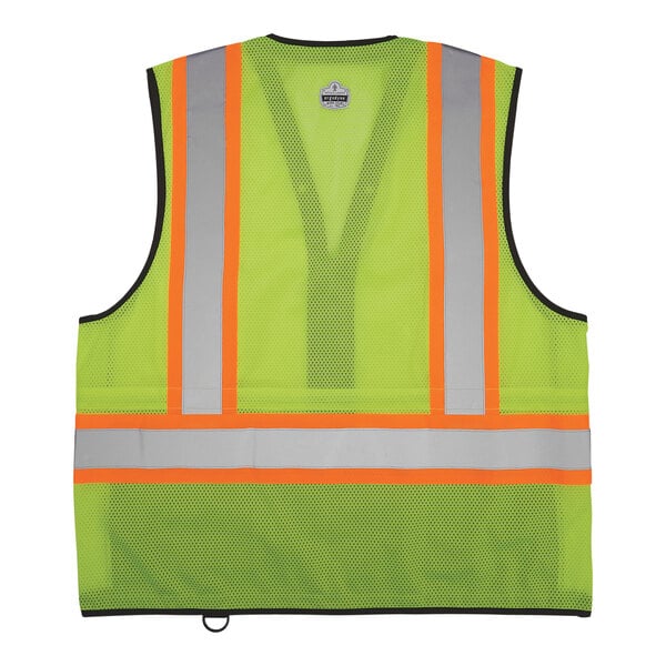 A yellow reflective vest with orange stripes.