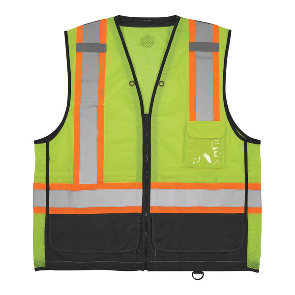 An Ergodyne high visibility lime mesh vest with black front panel and reflective stripes.