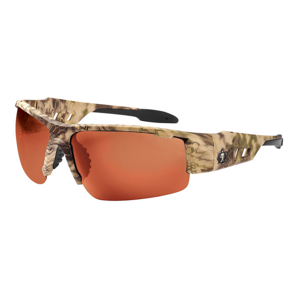 Ergodyne Skullerz DAGR safety glasses with Kryptek Highlander camouflage frame and polarized copper lenses.