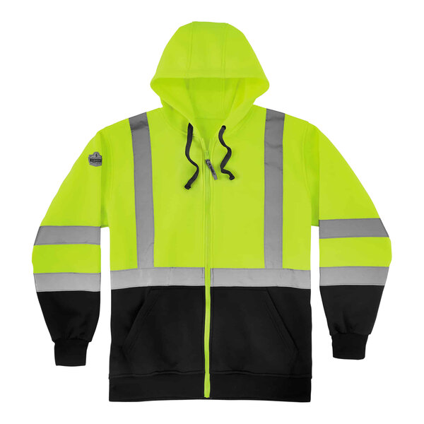 A lime green zip-up hoodie with black front panel and reflective stripes.