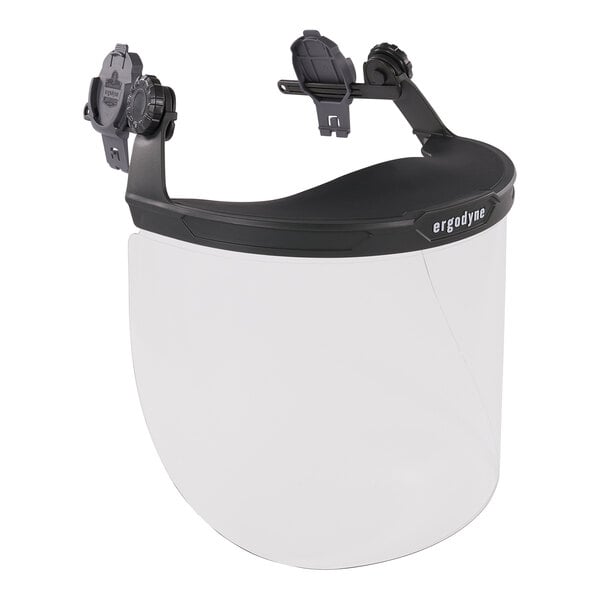 An Ergodyne clear plastic face shield with black plastic adapter and straps.