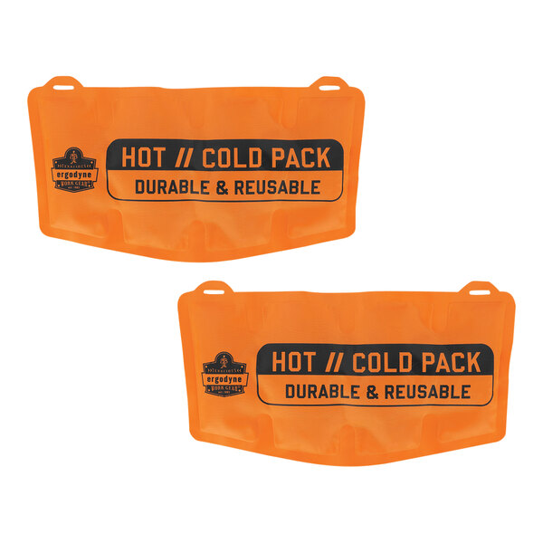 Two orange Ergodyne hot/cold packs with black text.