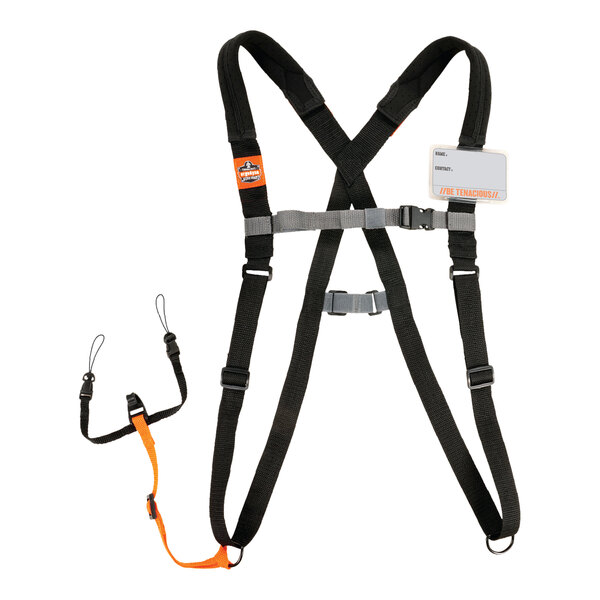 An orange and black Ergodyne Squids padded barcode scanner and mobile computer harness with a leash.