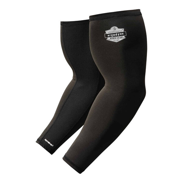 A pair of black Ergodyne Performance Knit evaporative cooling arm sleeves with the logo on them.