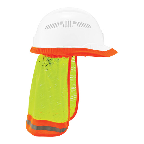 An Ergodyne hard hat with a lime mesh neck shade and reflective trim.