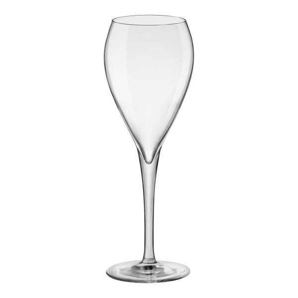A clear Bormioli Rocco wine flute with a thin stem.