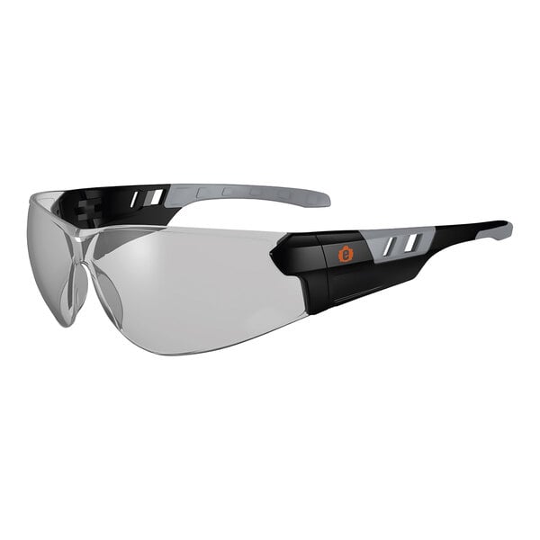 Ergodyne Skullerz SAGA safety glasses with mirrored lenses and black and silver frames.