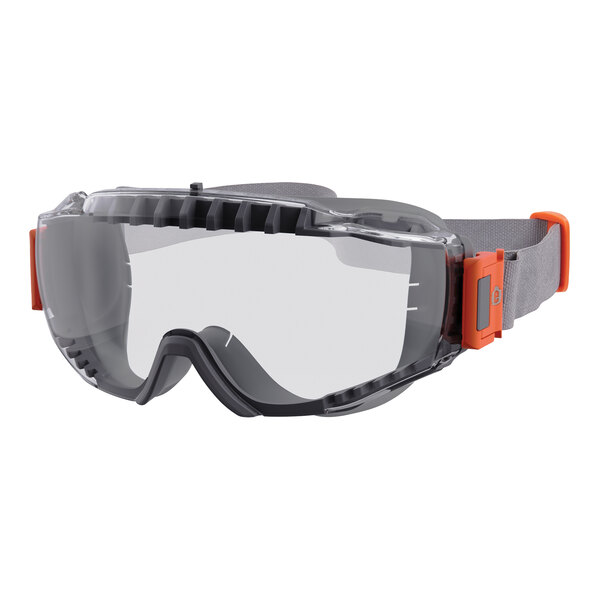 A close-up of Ergodyne Skullerz MODI safety goggles with clear lenses, a gray frame, and a neoprene strap.