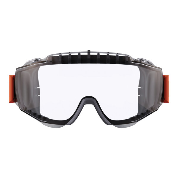 A close-up of Ergodyne Skullerz safety goggles with a clear lens and gray frame.