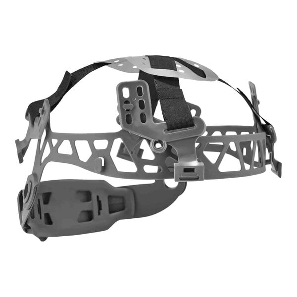 An Ergodyne Skullerz hard hat with a grey metal headband and black straps.