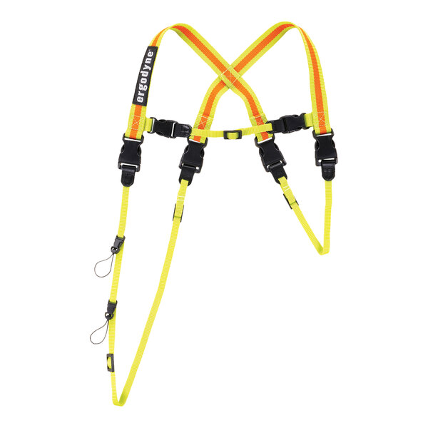 An Ergodyne Hi-Vis Lime tool tether harness with two straps, one yellow and one orange.