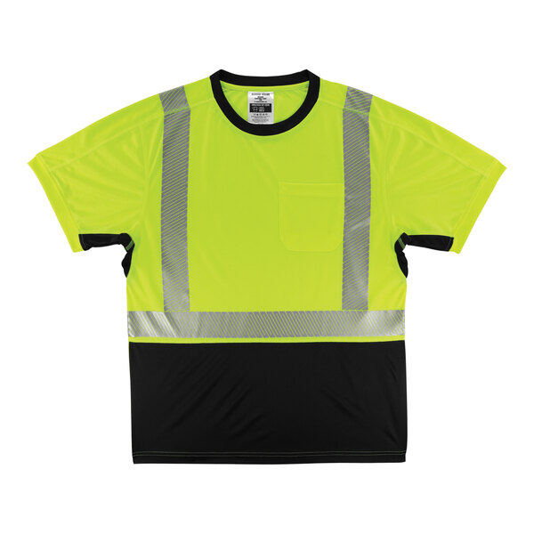 A yellow and black Ergodyne high-vis short sleeve shirt with reflective stripes and a black front panel.