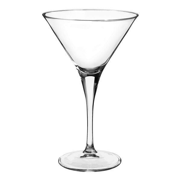 A clear martini glass with a stem.