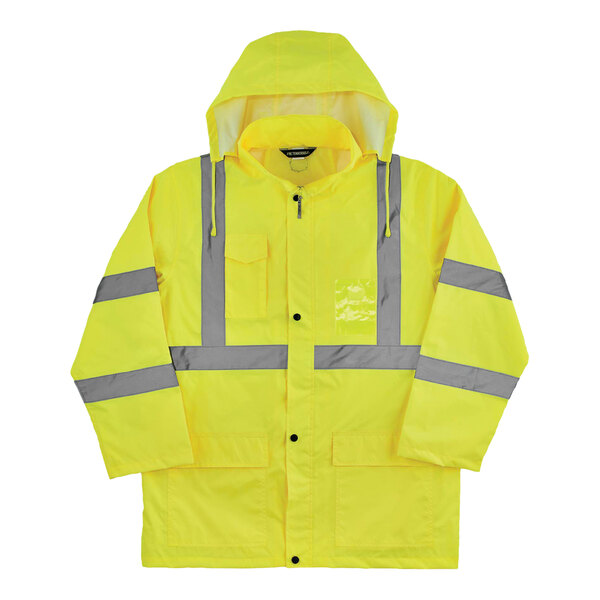 A lime yellow Ergodyne rain jacket with grey reflective stripes.