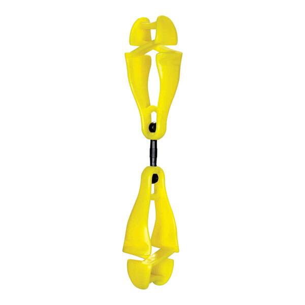 A yellow plastic Ergodyne Squids glove clip holder with black accents on a white background.