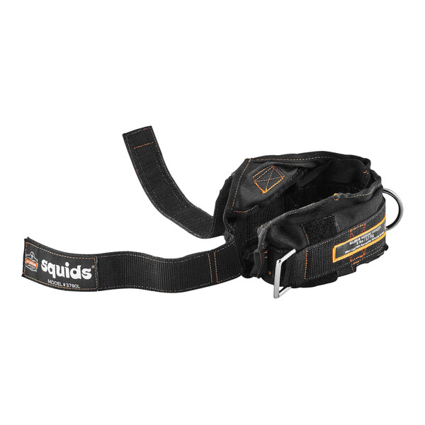 A black Ergodyne Squids power tool trap with orange stitching and a metal buckle.