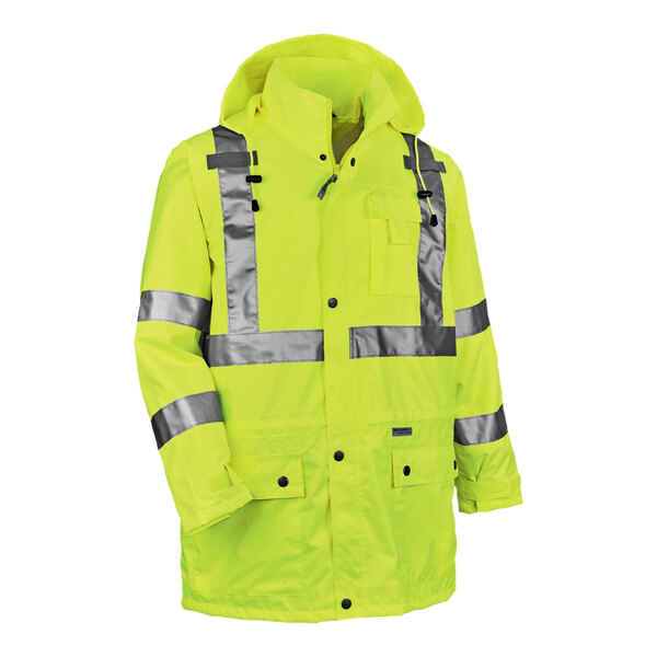An Ergodyne hi-vis yellow rain jacket with reflective stripes.