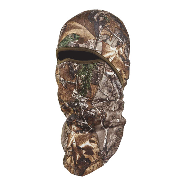 An Ergodyne Realtree Edge camouflage fleece balaclava face mask with a hood.