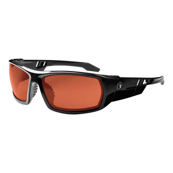 Ergodyne Skullerz ODIN Safety Glasses with black frames and orange lenses.