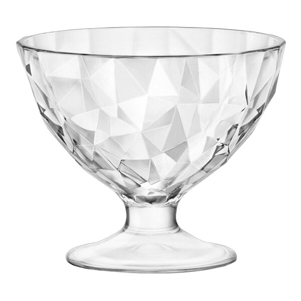 A clear Bormioli Rocco dessert glass with a diamond pattern.