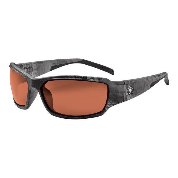 Ergodyne Skullerz THOR safety glasses with Kryptek Typhon frames and polarized copper lenses on a white background.