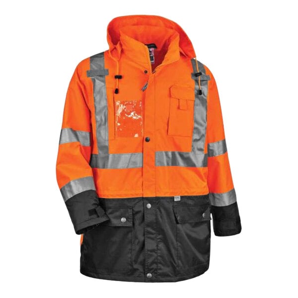 An orange and black Ergodyne GloWear safety jacket with reflective stripes.