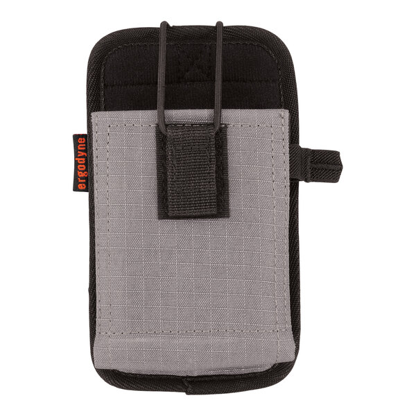 An Ergodyne gray and black phone holster with belt loops.