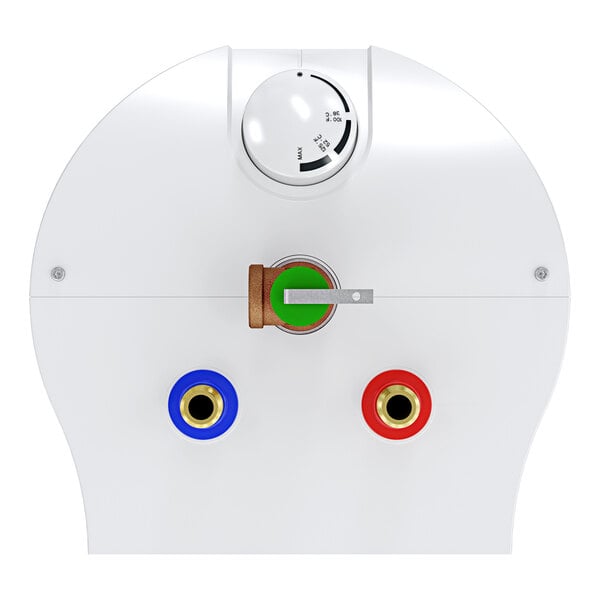 A white Stiebel Eltron SHC 4 mini tank electric water heater with a temperature control dial and blue and red inlet/outlet connections.