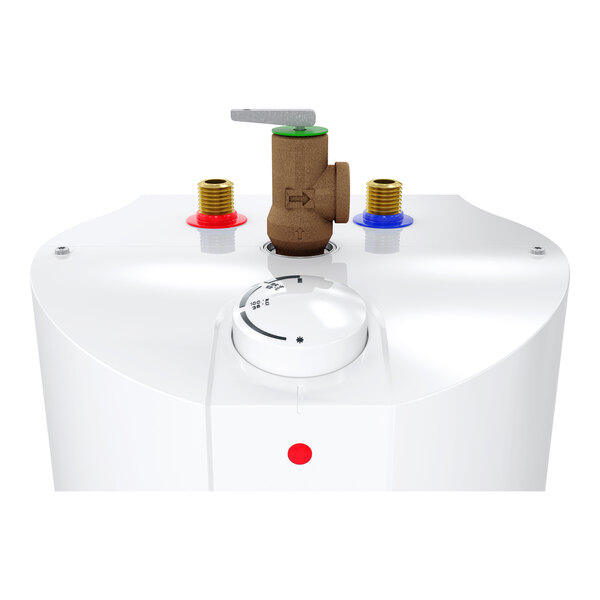 A compact white electric mini tank water heater with a temperature control dial and brass inlet and outlet connections.