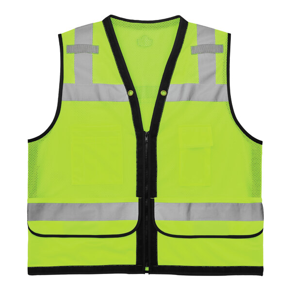 An Ergodyne hi-vis lime yellow surveyors vest with reflective stripes.